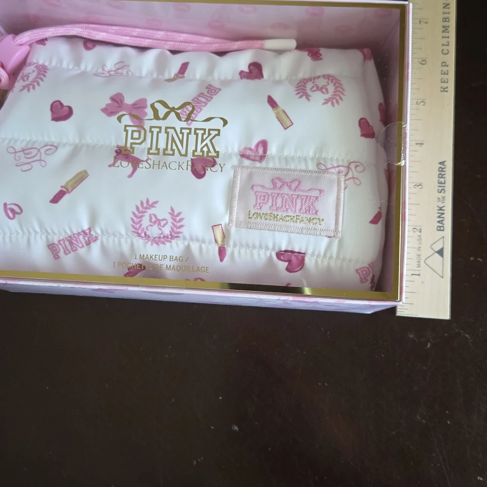 PINK Victoria's Secret Love Shack Fancy White and Pink Patterned Make Up Bag